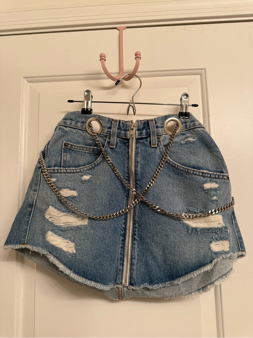 Distressed Blue Denim Mini Skirt with Silver Chain Detail